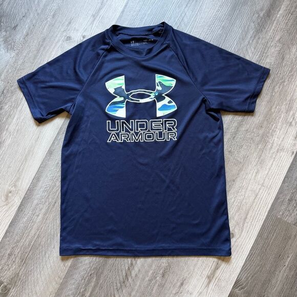 Under Armour Navy Blue Camo Shirt Youth Medium Loose Fit - Picture 2 of 9